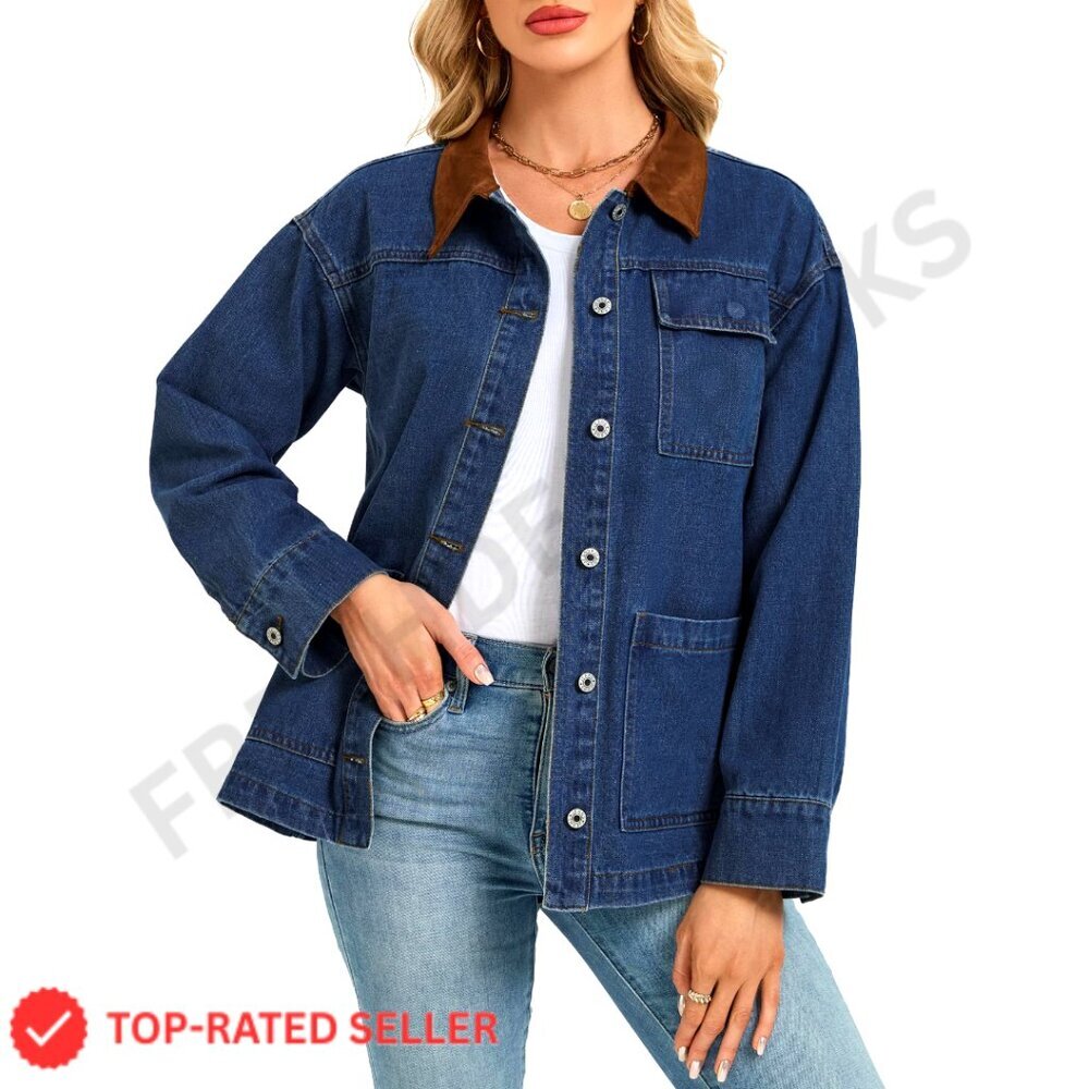 Oversized Denim Jacket Button Up Long Sleeve Faux Suede Collar Chic Fall Barn